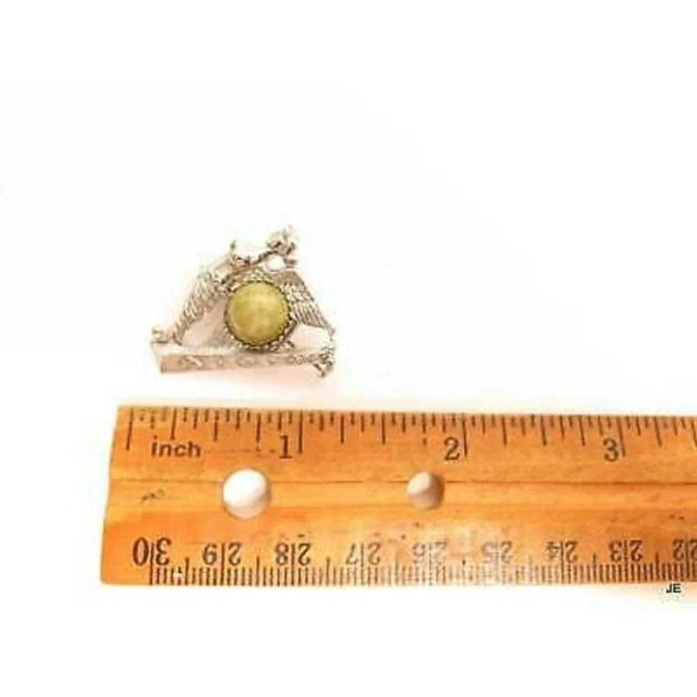 Vintage Art Deco Silver Plated Jeweled Green Cabochon Harp Angel Pin Brooch‎